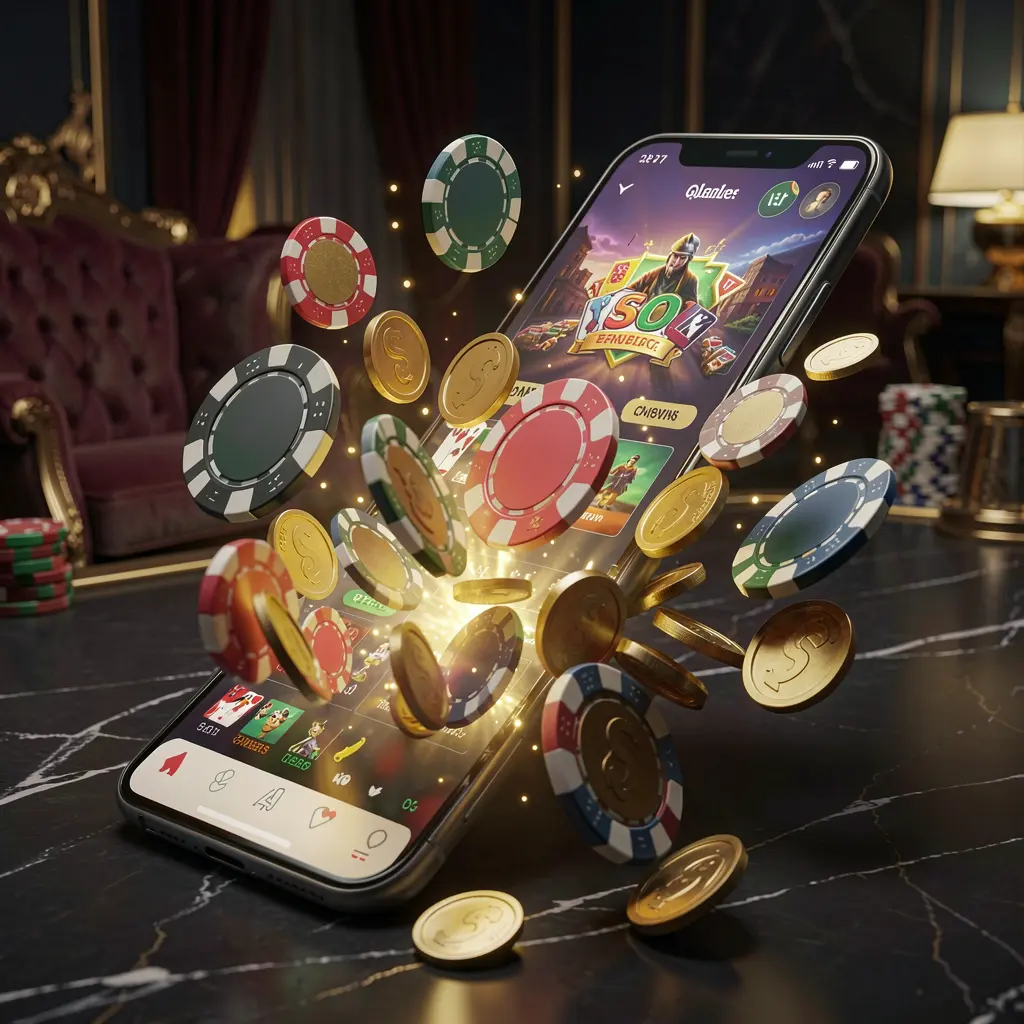 VAGG024 online gaming app displayed on a smartphone screen with glowing casino chips and coins emerging, set against a luxury dark background with cinematic lighting in a high detail 3D render