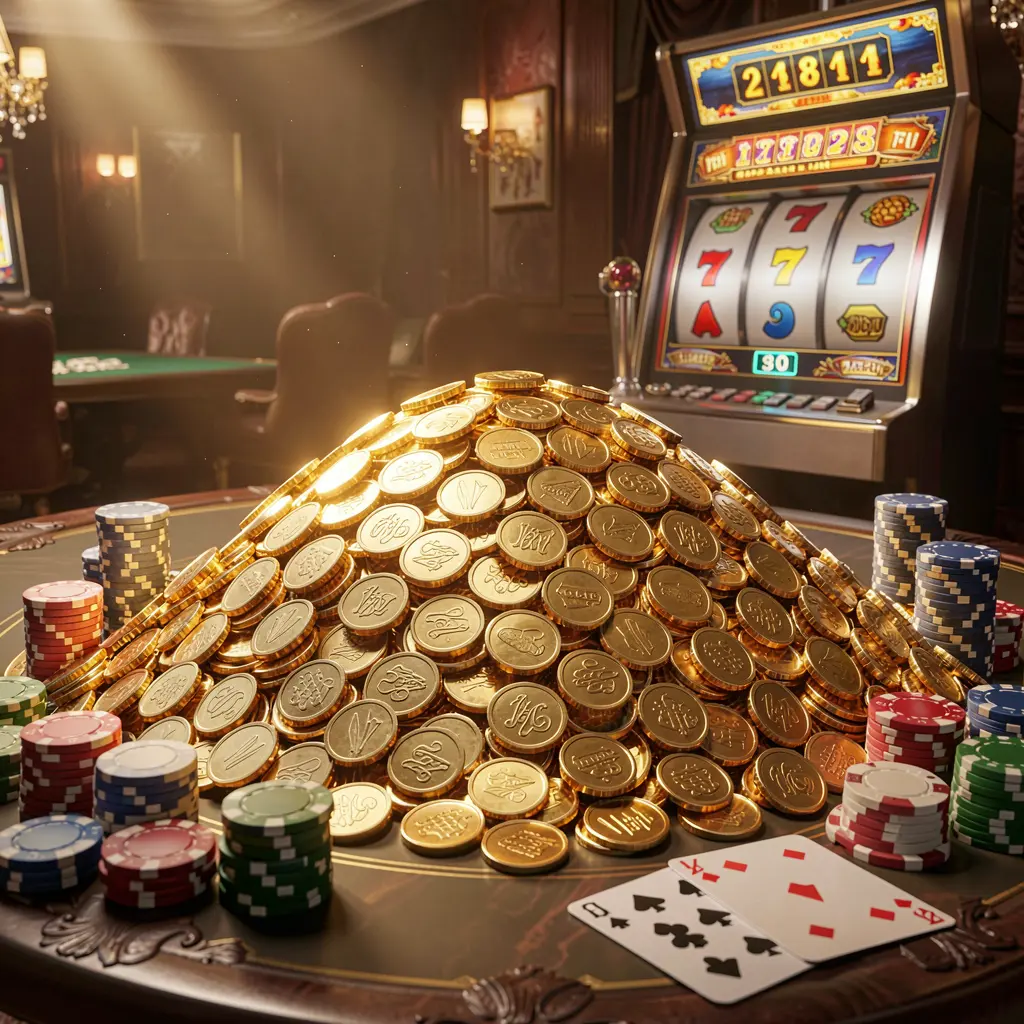 VAGG024 online casino jackpot bonus scene with a massive pile of golden coins, slot machine in the background, glowing jackpot lights, poker chips and playing cards on a luxury table under dramatic cinematic lighting