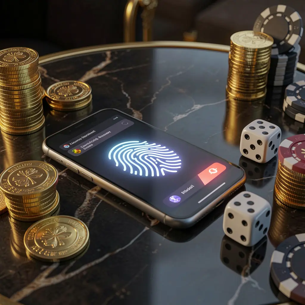 VAGG024 online gaming account access scene showing a smartphone with a glowing fingerprint icon surrounded by golden coins, dice, and poker chips on a glossy table under cinematic lighting