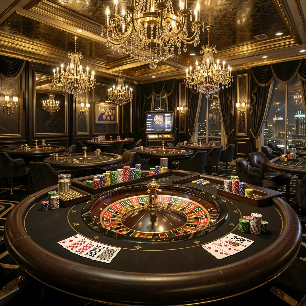 VAGG024 luxury online casino lobby with glowing roulette tables, golden lights, poker chips and cards in a premium black and gold design